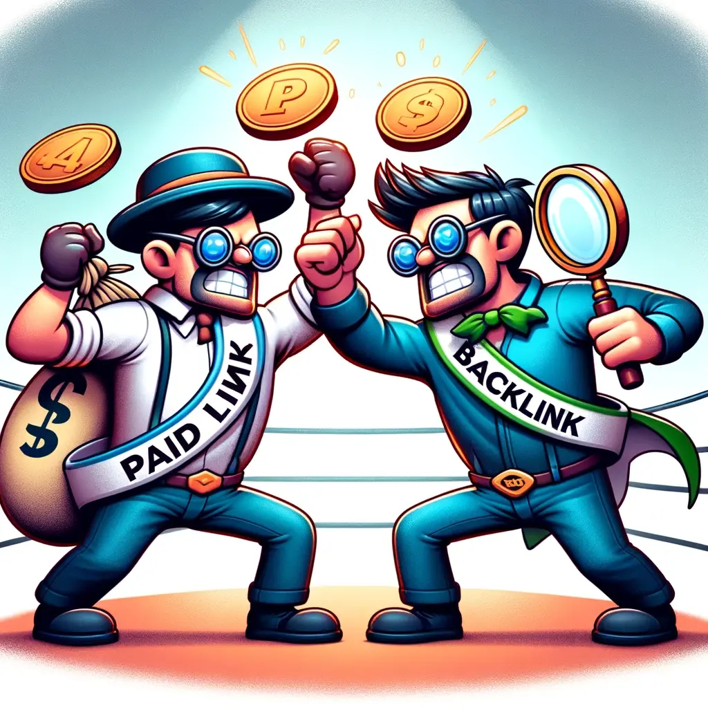 Cartoon of 'PAID LINK' versus 'BACKLINK' characters arm wrestling over SEO tactics.