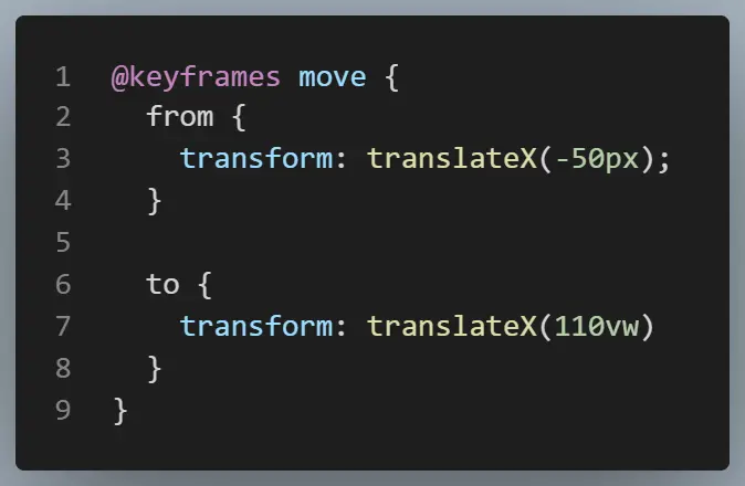 CSS @keyframes example with 'from' and 'to' positions.