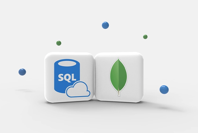 Two cubes with SQL database and MongoDB leaf logos, surrounded by floating blue spheres.