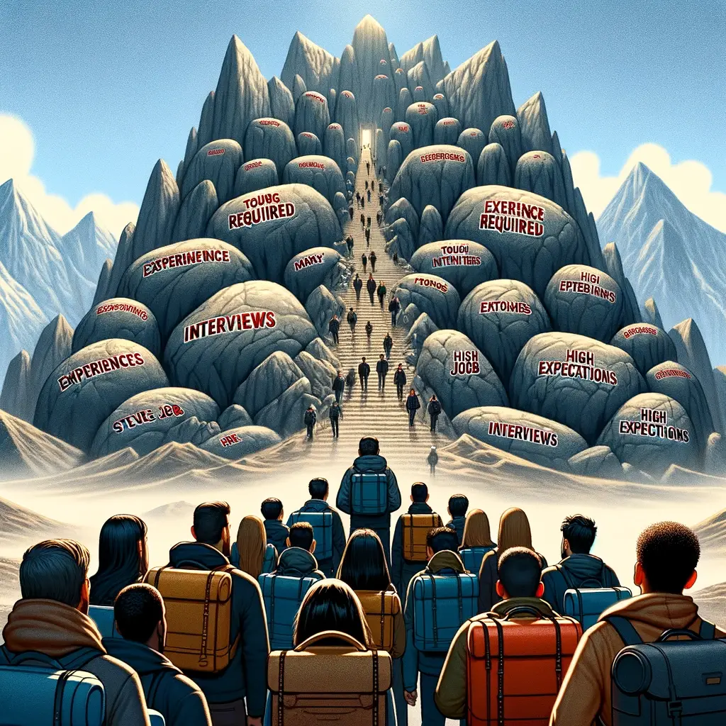 Illustration of job seekers with backpacks facing a mountain with obstacles such as 'Interviews', 'Experience Required', and 'High Expectations'.