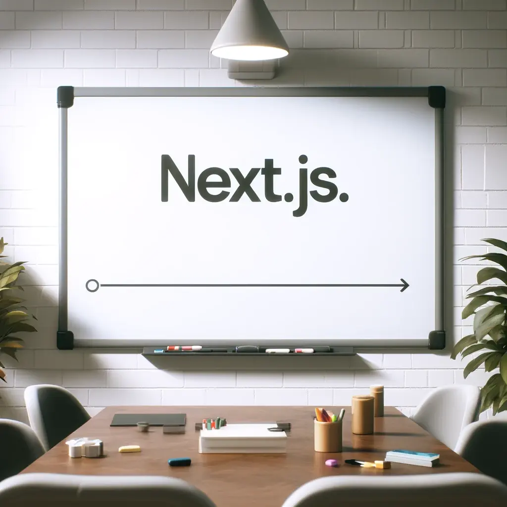 image of a professional presentation environment with a whiteboard that has Next.js written on it with a line underneath.