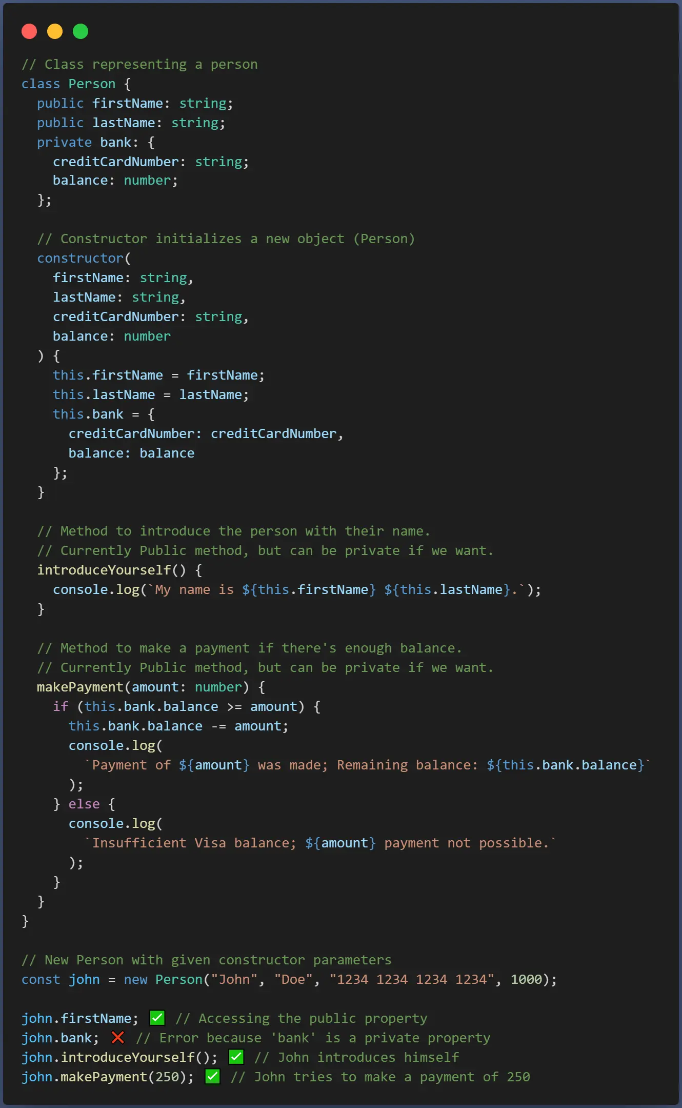 Encapsulation concept in TypeScript code.