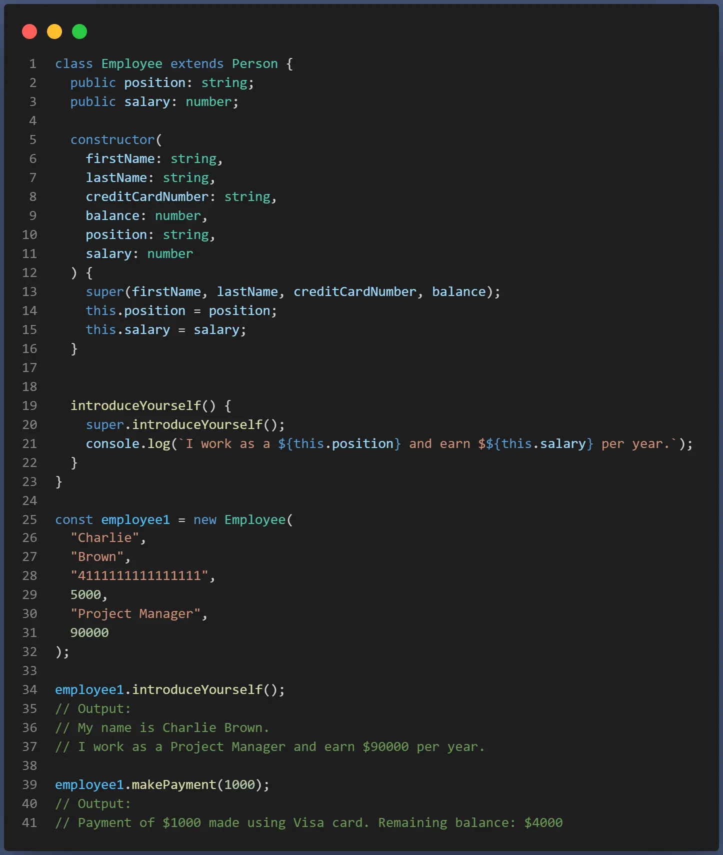 Inheritance example in TypeScript code.