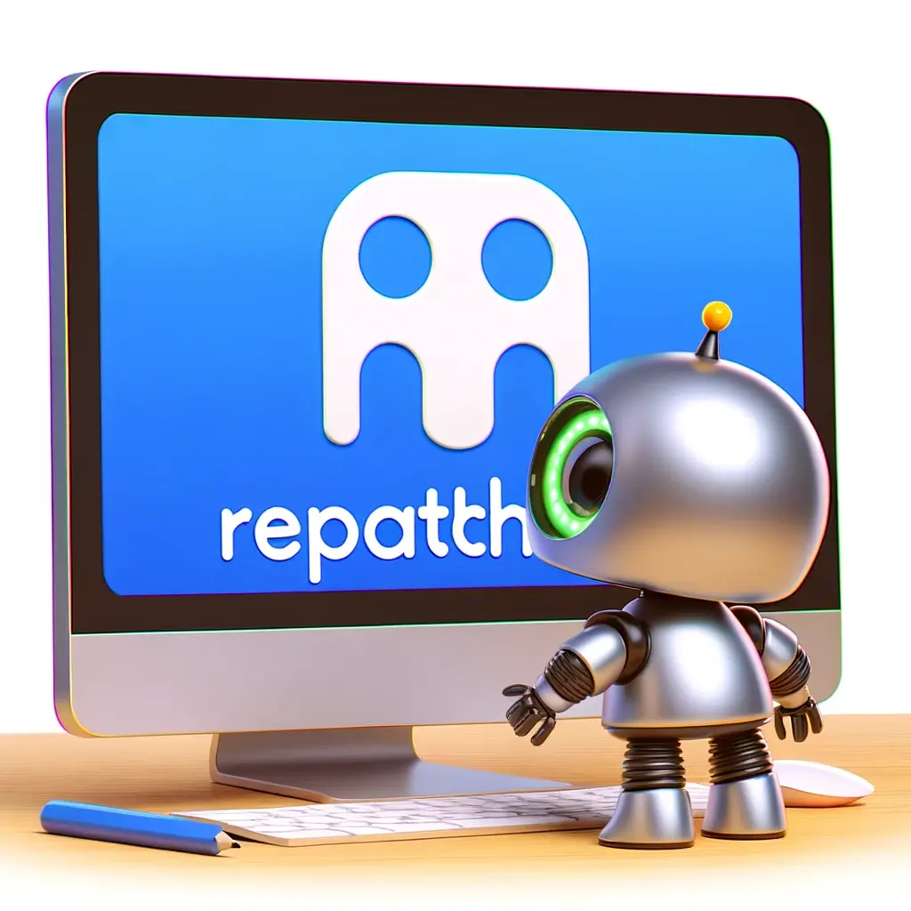 3D robot character examining a computer screen displaying the logo 'reCAPTCHA'.