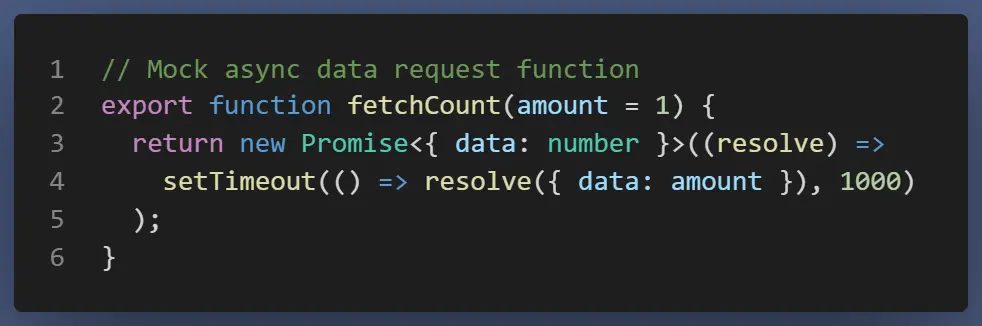 Code snippet from 'api.ts' file demonstrating a mock async data request function