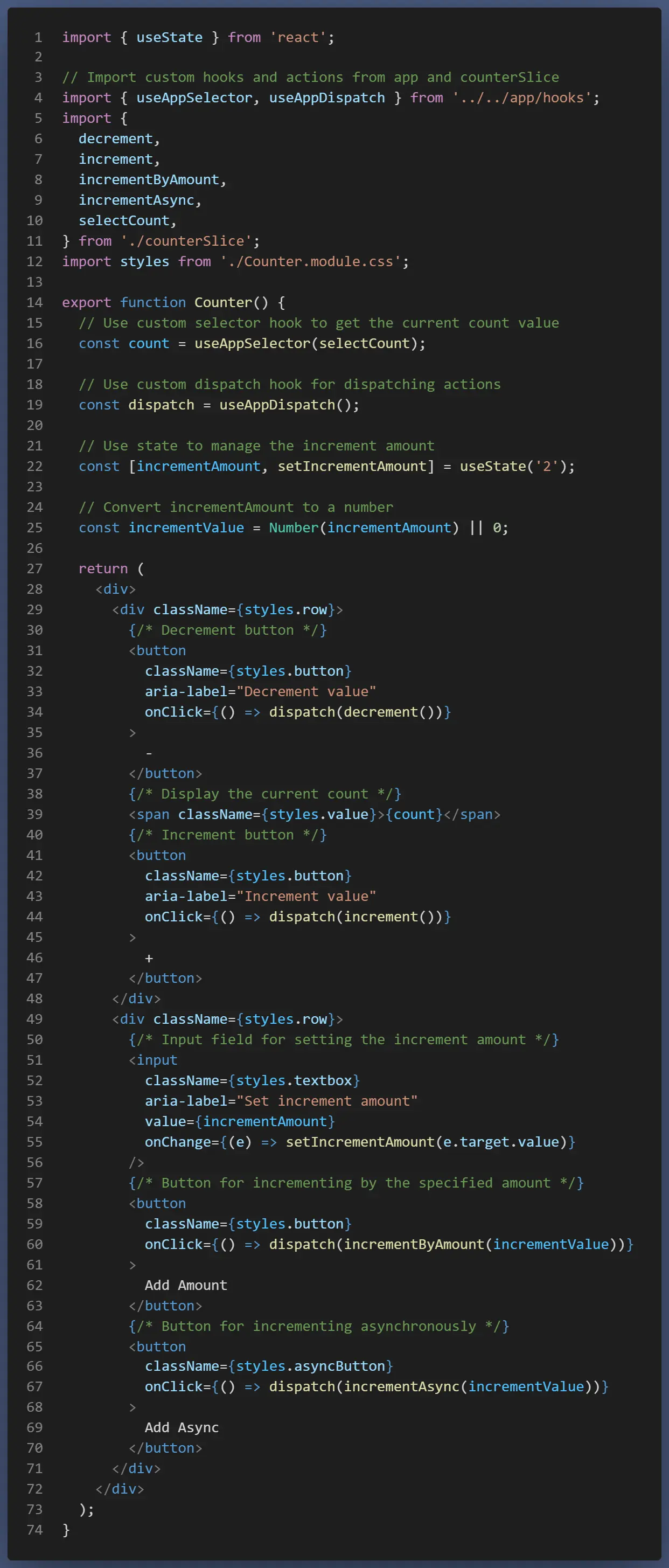 Code snippet from 'Counter.tsx' component, demonstrating how to use Redux Toolkit