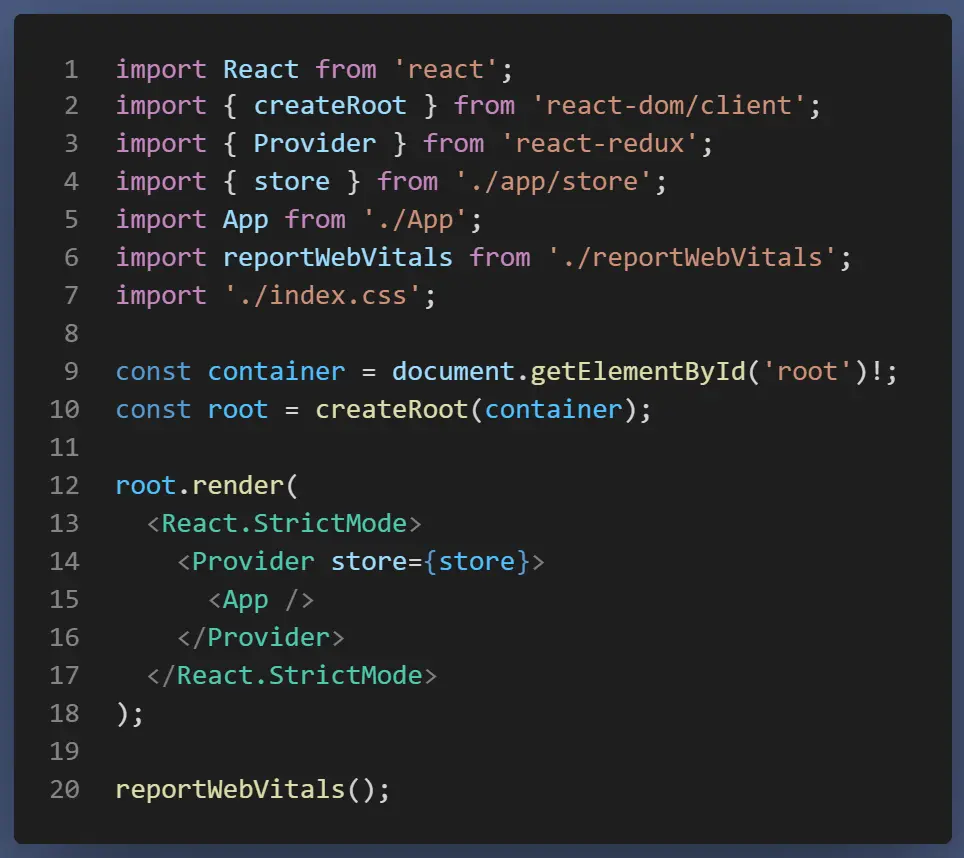 Code snippet from 'index.tsx' file demonstrating how to setup and connect the store to the application