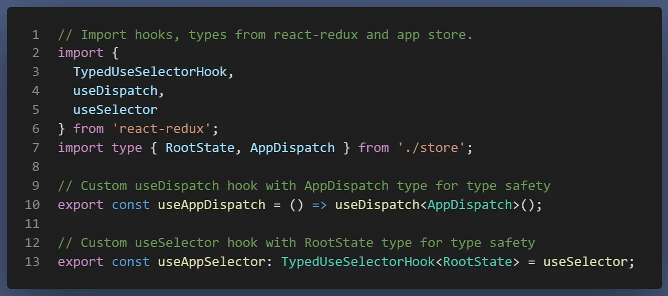 Code snippet from 'hook.ts' file showcasing the use of useAppDispatch and useAppSelector in Redux Toolkit