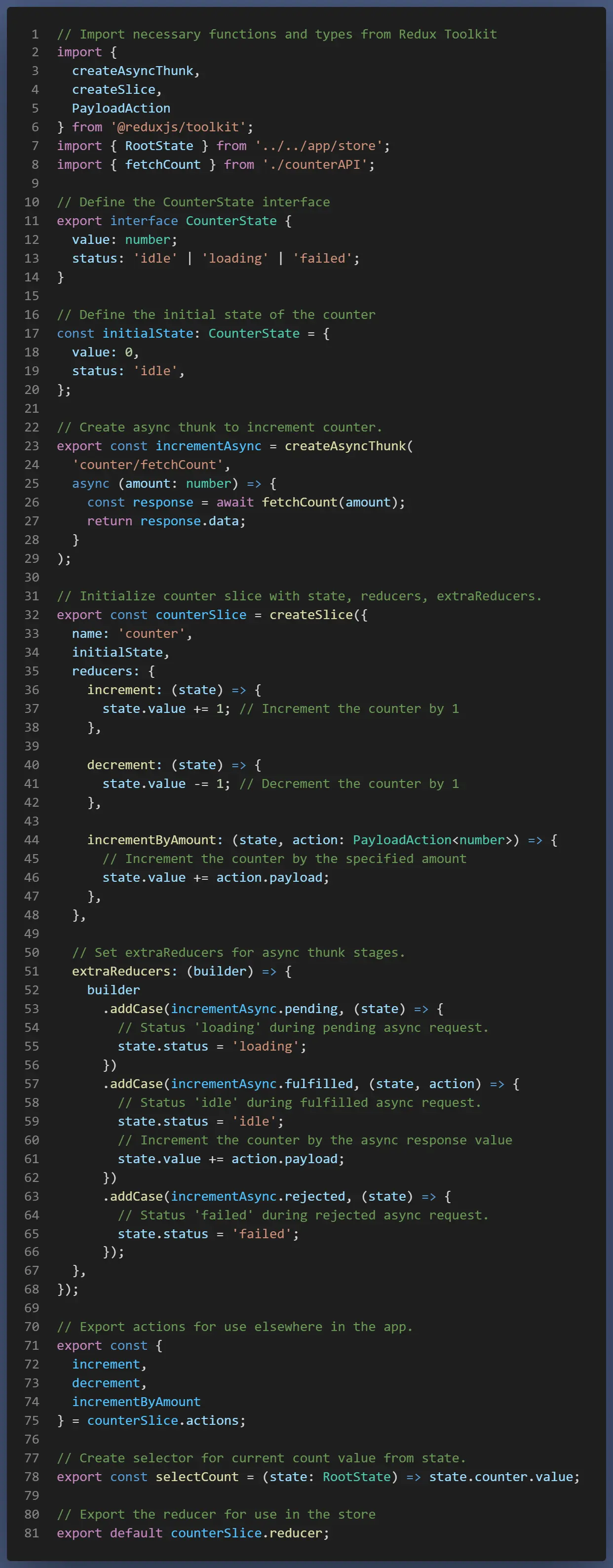 Code snippet from 'slice.ts' file showcasing how to configure and build the slice in Redux Toolkit