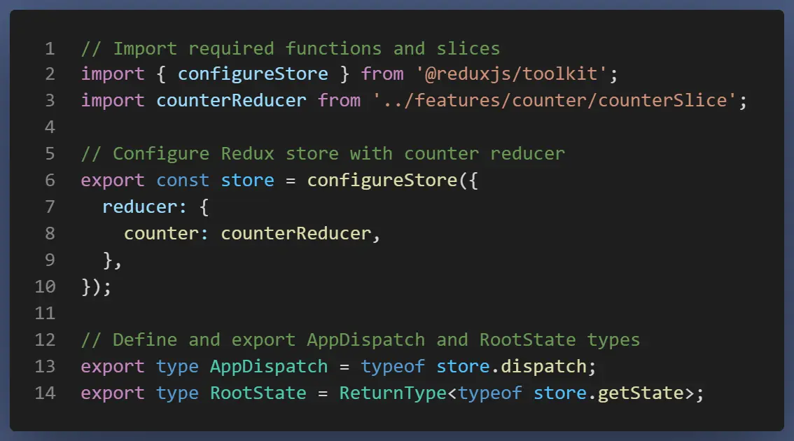 Code snippet from 'store.ts' file showcasing how to configure the store in Redux Toolkit