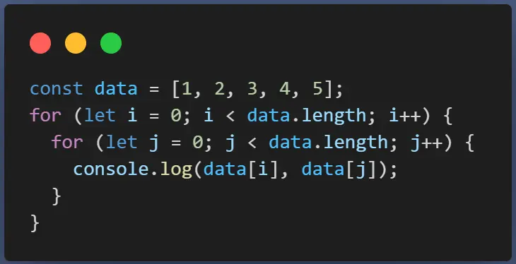 Screenshot of JavaScript snippet that shows O(n^2) - Quadratic Complexity