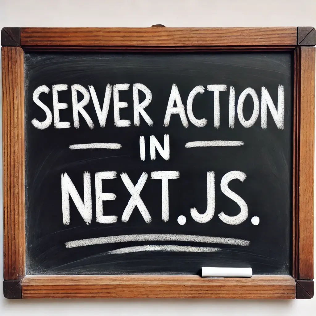 לוח שחור עם הכיתוב "Server Action in Next.js" בגיר לבן, במסגרת עץ קלאסית.